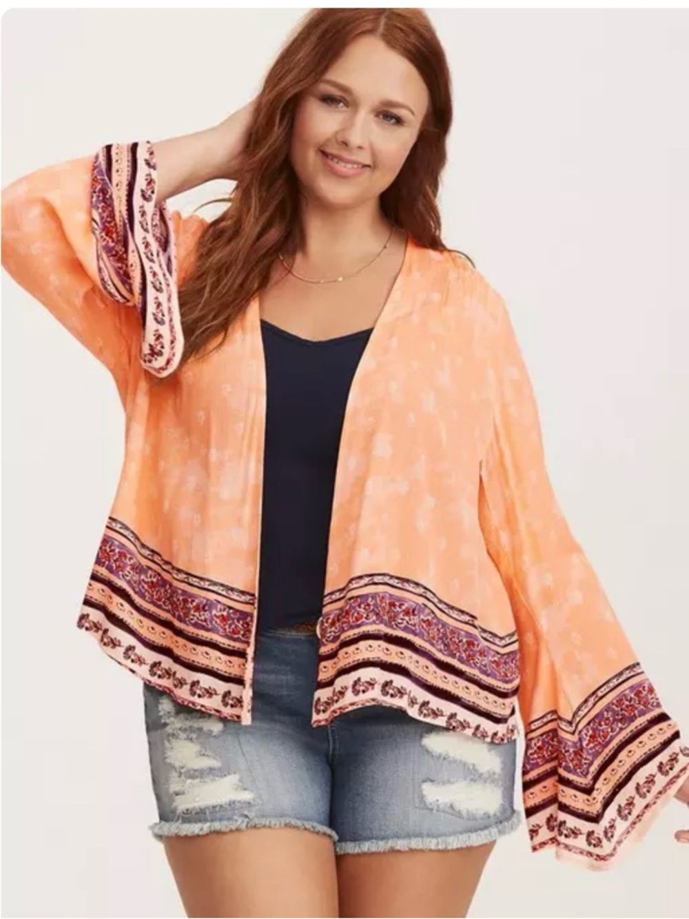 Torrid Peach Tie Dye with Colorful Border Print Lightweight Kimono